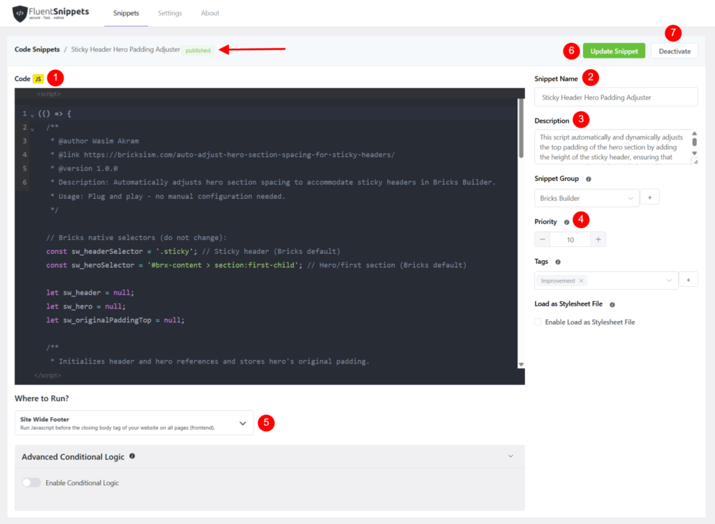 How to Auto-Adjust Hero Section Spacing for Sticky Headers in Bricks Builder? • Bricksism Add Bricks Sticky Header Hero Padding Adjuster Script in the FluentSnippets - Bricksism
