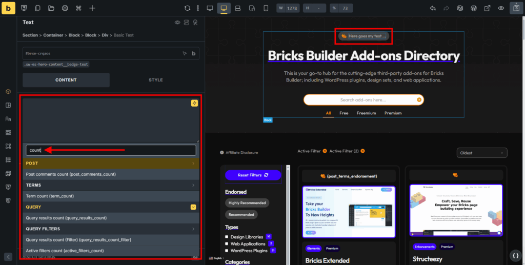 How to Display Total Post Count for Any Post Type in Bricks Builder? • Bricksism No Post Count Related Dynamic Tagis Available - Screenshot - Bricksism