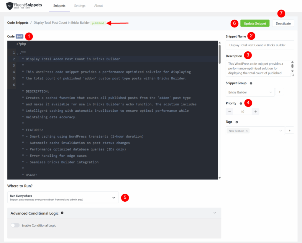 How to Display Total Post Count for Any Post Type in Bricks Builder? • Bricksism The PHP Function Code Snippet Implementation for the Total Post Count in Bricks Bulder - Screenshot - Bricksism